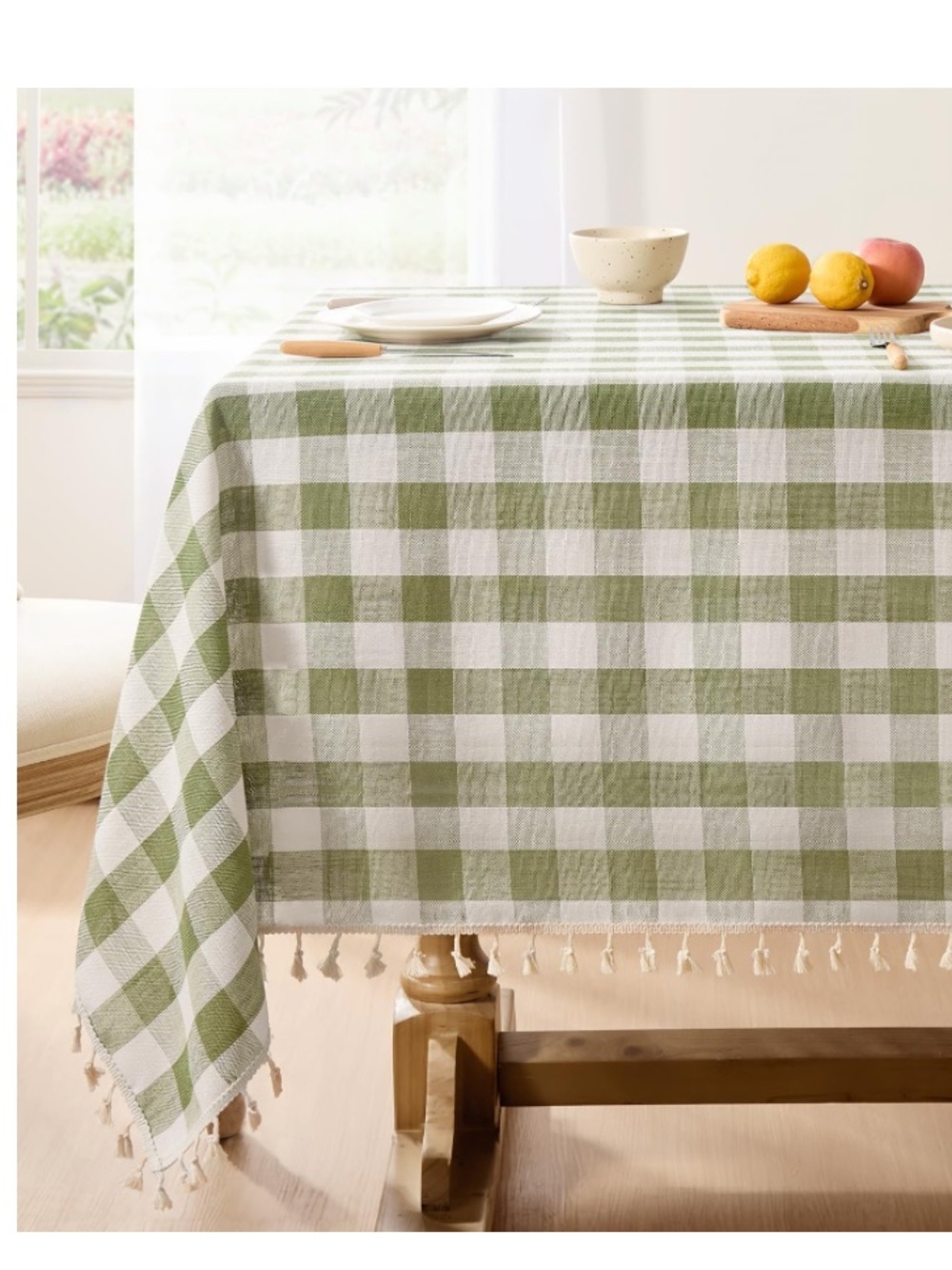 Gingham Tablecloth Tassel Trim Wrinkle-Free Rectangular 55x84” SAGE GREEN